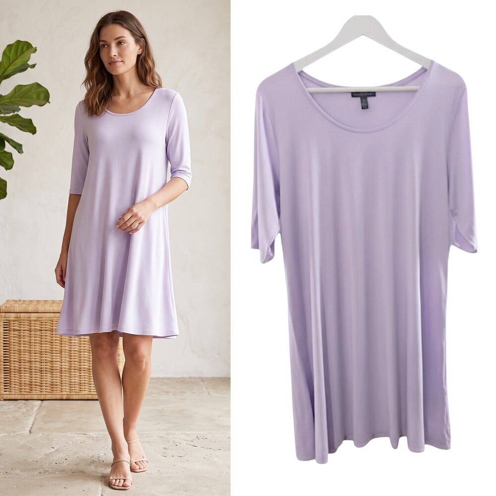 Eileen Fisher Lavender Viscose T-Shirt Dress Sz M Minimalist Soft Knit Popover